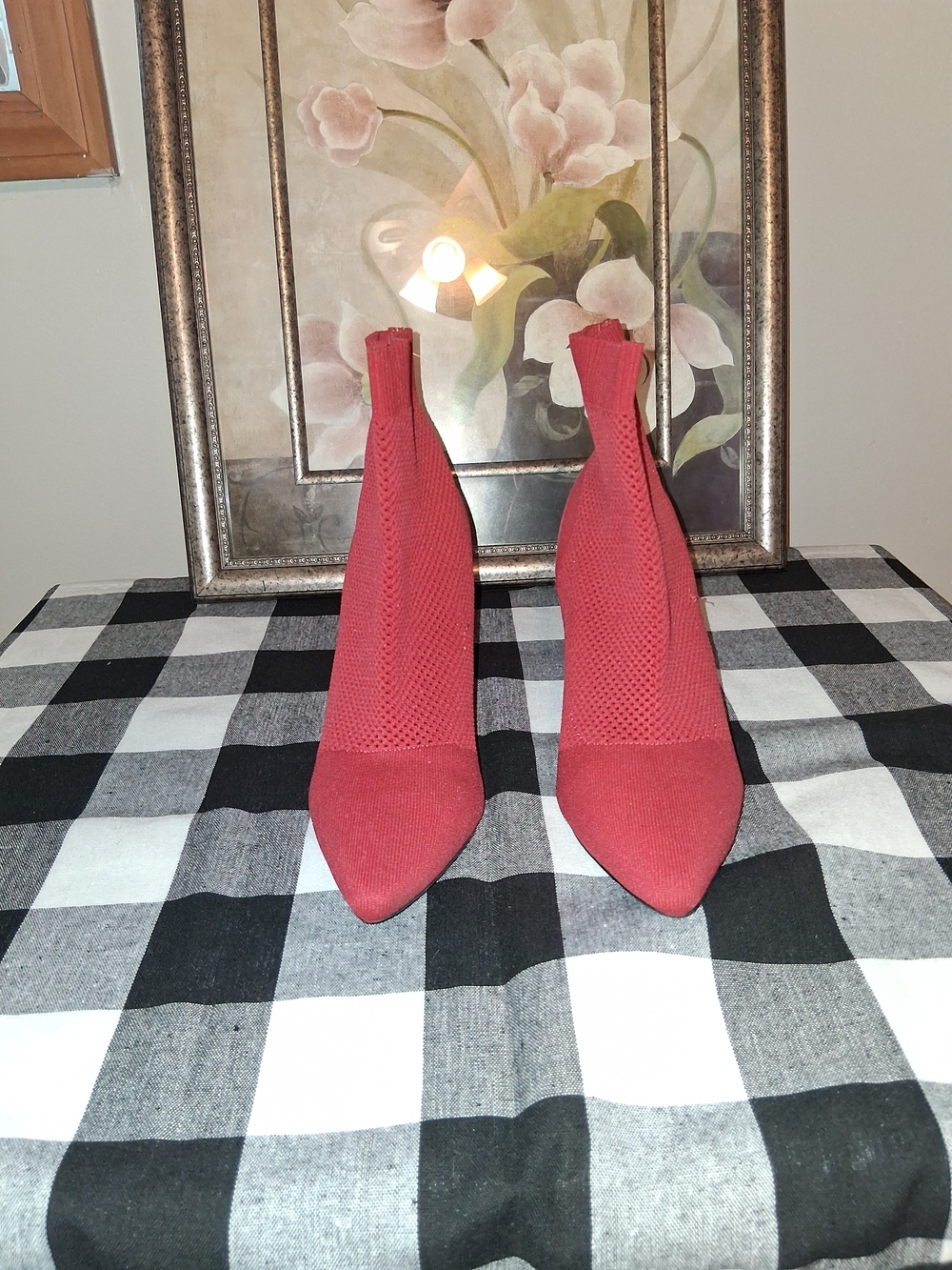 Red Stretch Knit Pointed-Toe Ankle Booties